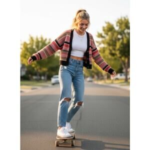 BP Crop Cardigan Sweater Small Red Black Tan Colorblock Women’s EUC